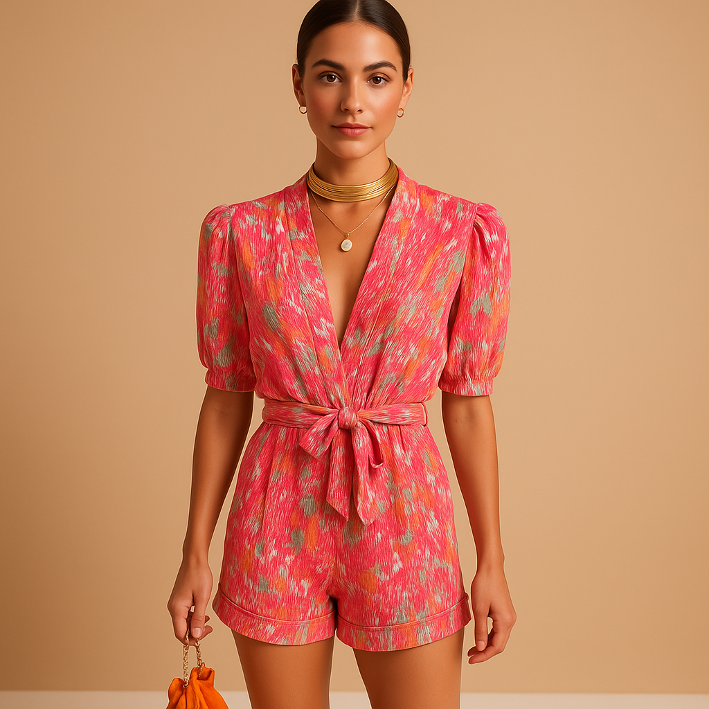 Women’s short printed jumpsuit in pink and purple with a built-in belt, perfect for warm days, summer outings, and casual evenings.