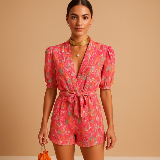 Women’s short printed jumpsuit in pink and purple with a built-in belt, perfect for warm days, summer outings, and casual evenings.