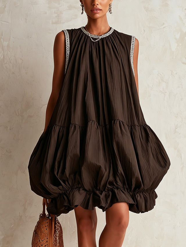 Sleeveless Bubble Hem Mini Dress for Women with Metallic Piping in Brown, front view