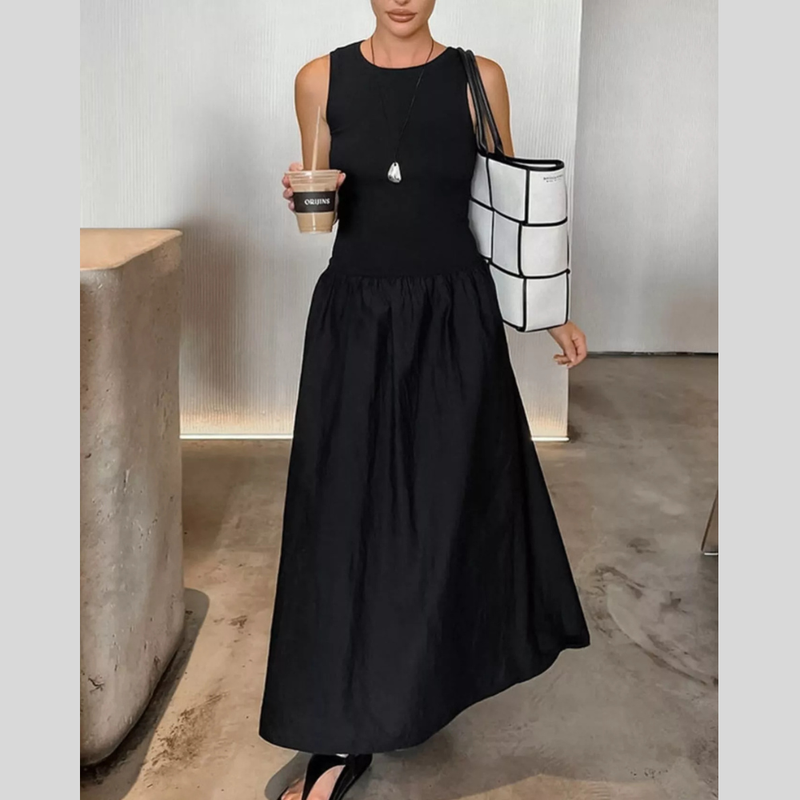 Sleeveless Drop Waist Maxi Dress for Women with Round Neck and Full Skirt in Black, front view