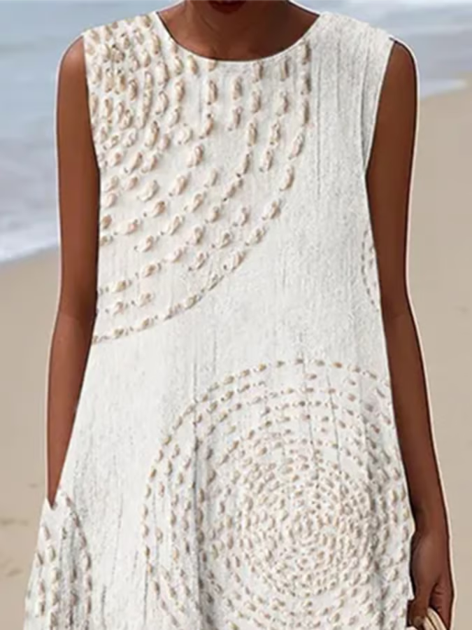 Sleeveless Printed Midi Dress for Women with Round Neck and Loose Fit in White, close-up