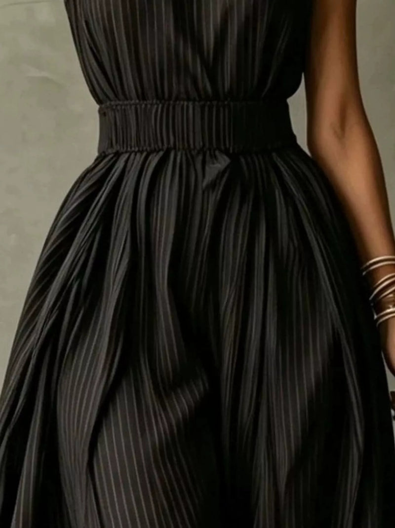 Sleeveless Striped Maxi Dress for Women with Mock Neck and Smocked Waist in Black, waist close-up