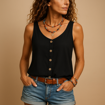 Women’s sleeveless V-neck summer top with relaxed fit and pockets, available in vibrant colors, perfect for casual and warm-weather outfits.