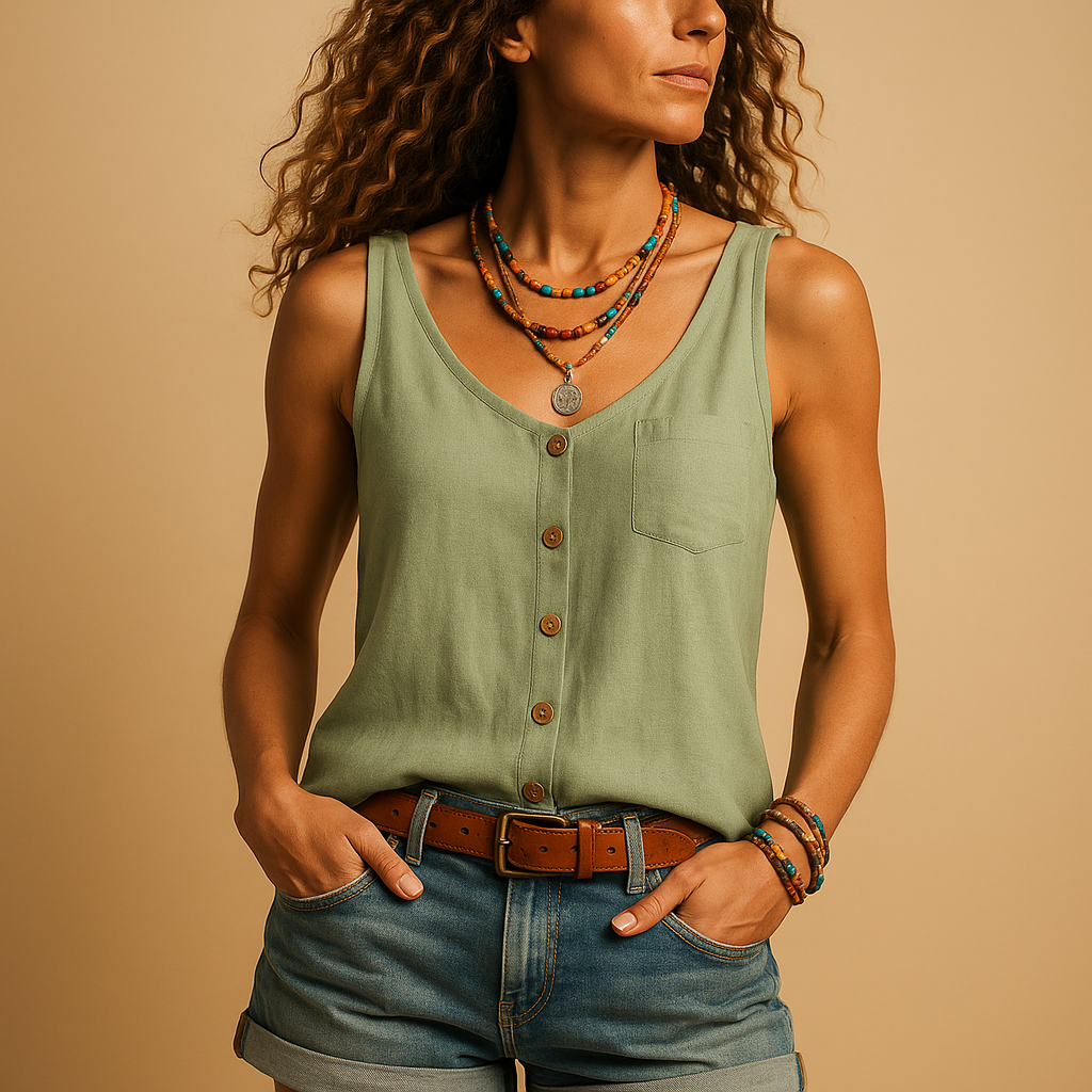 Women’s sleeveless V-neck summer top with relaxed fit and pockets, available in vibrant colors, perfect for casual and warm-weather outfits.