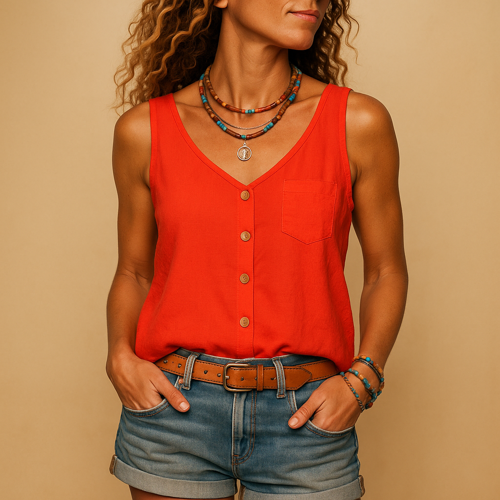 Women’s sleeveless V-neck summer top with relaxed fit and pockets, available in vibrant colors, perfect for casual and warm-weather outfits.