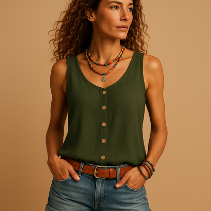 Women’s sleeveless V-neck summer top with relaxed fit and pockets, available in vibrant colors, perfect for casual and warm-weather outfits.
