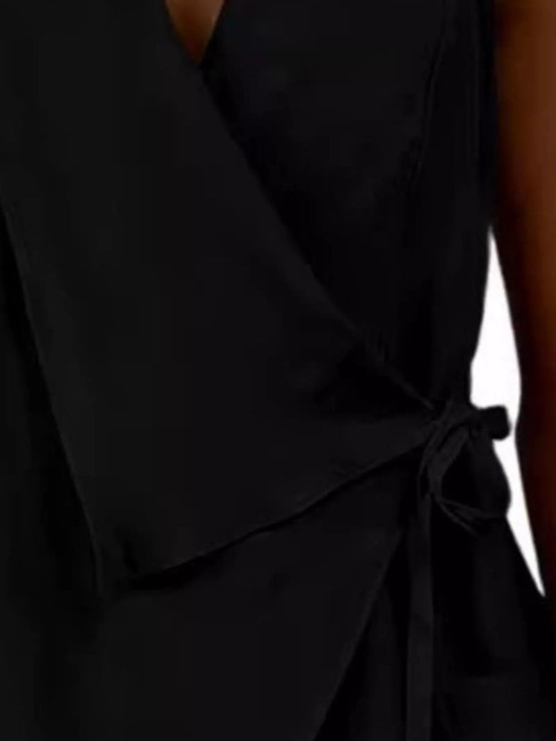 Sleeveless Wrap Top for Women with Side Tie and Asymmetric Hem in Black, tie close-up