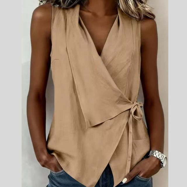 Sleeveless Wrap Top for Women with Side Tie and Asymmetric Hem in Camel, front view