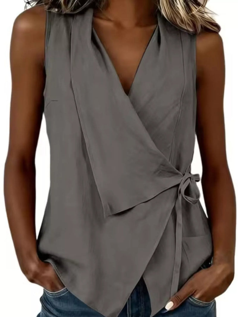 Sleeveless Wrap Top for Women with Side Tie and Asymmetric Hem in Gray, front view