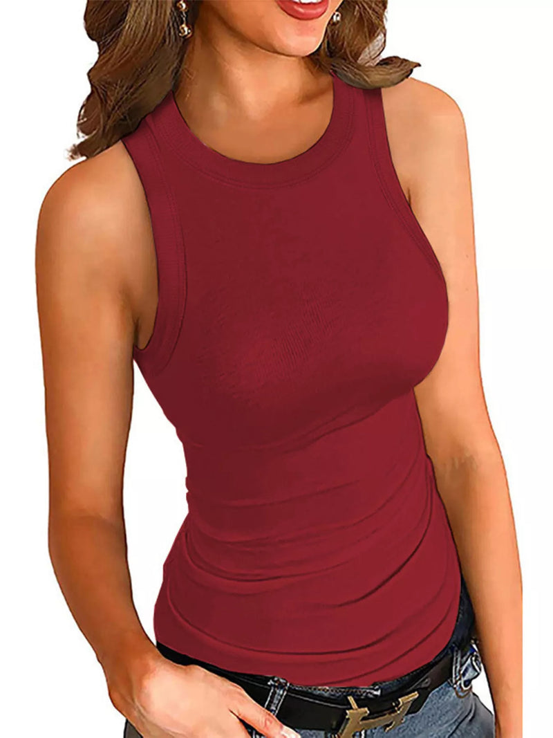 Slim Ribbed Tank Top for Women with High Neck and Cut-In Shoulders in Red, front view