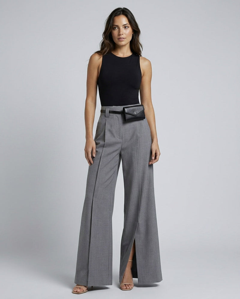 Slit Hem Wide Leg Trousers for Women with High Waist and Front Pleats in Gray, front view slit hem