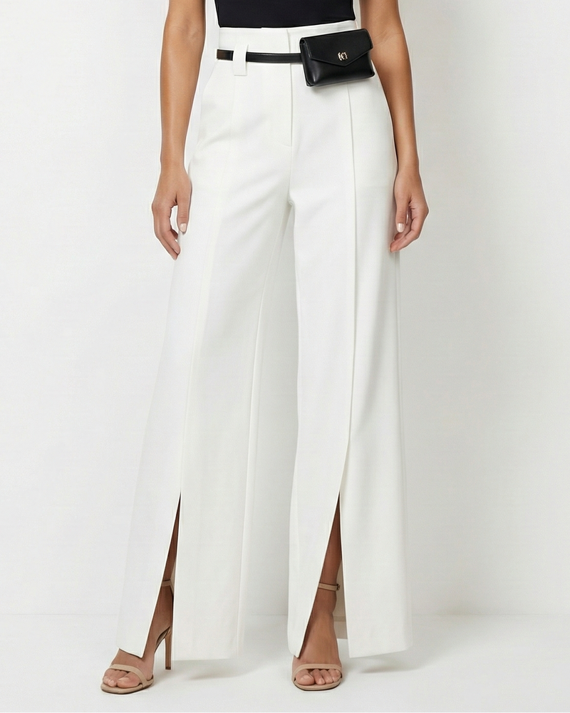 Slit Hem Wide Leg Trousers for Women with High Waist and Front Pleats in White, close-up