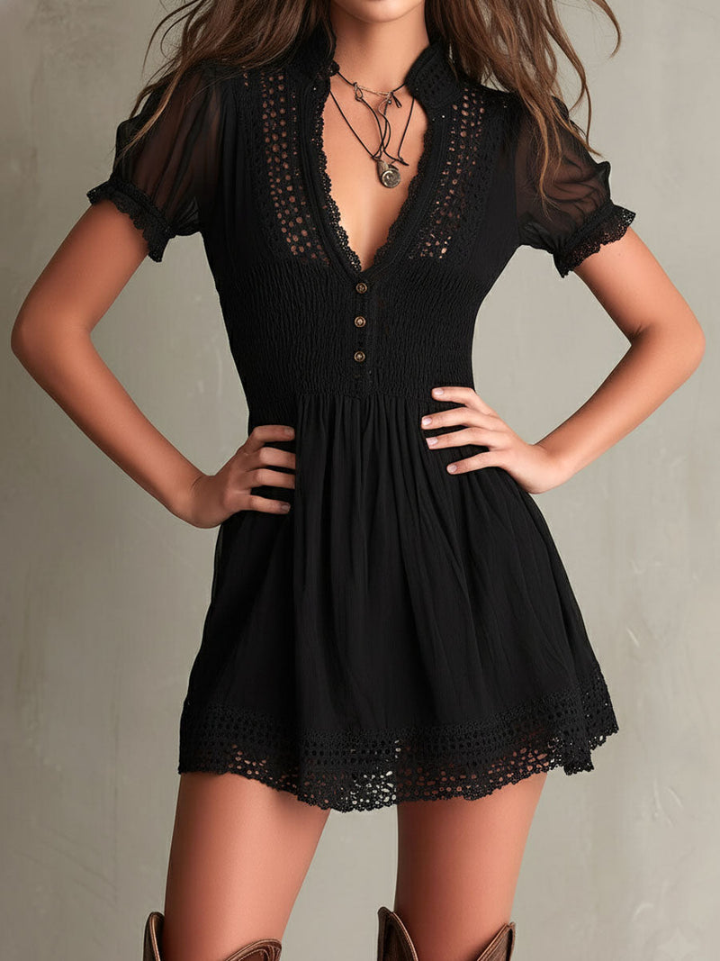 Smocked Lace Trim Mini Dress for Women with Sheer Puff Sleeves in Black, front view hands on hips