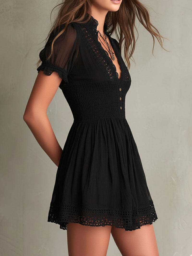 Smocked Lace Trim Mini Dress for Women with Sheer Puff Sleeves in Black, side view