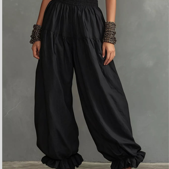 Smocked Harem Pants for Women with Ruffle Ankle Cuffs and Balloon Leg in Black, front view