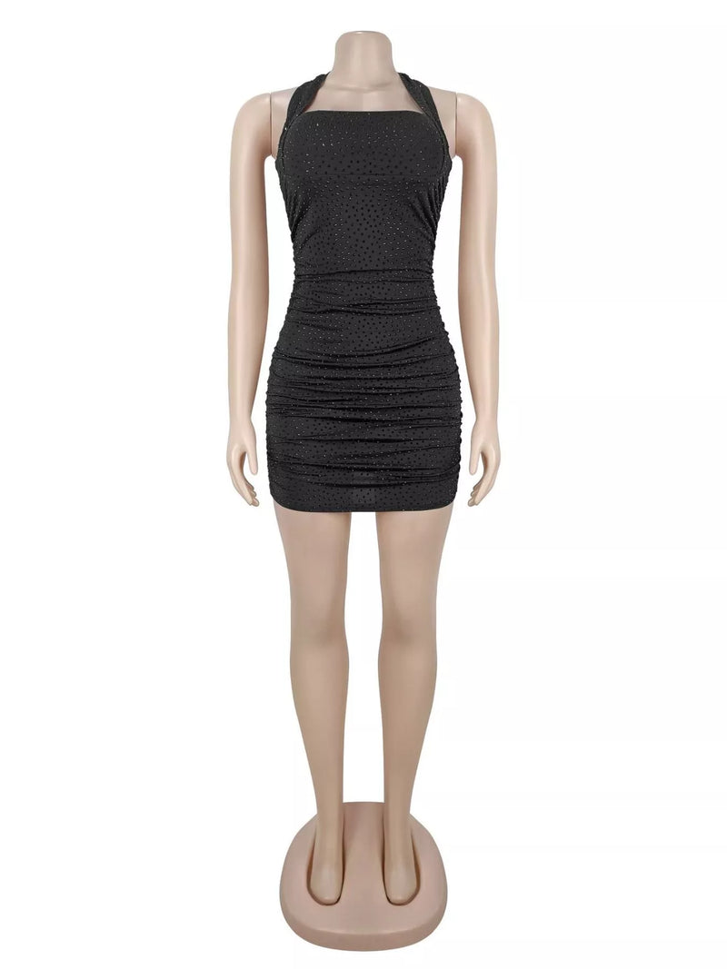 Sparkly Halter Mini Dress for Women with Rhinestones and Ruched Fit in Black, front view 2