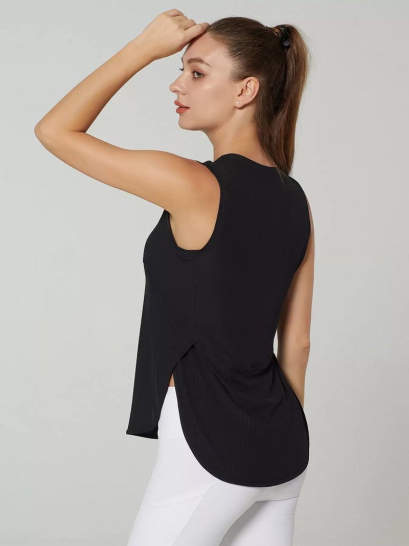 Split Back Active Tank for Women with Curved Hem and Side Slits in Black, back side view