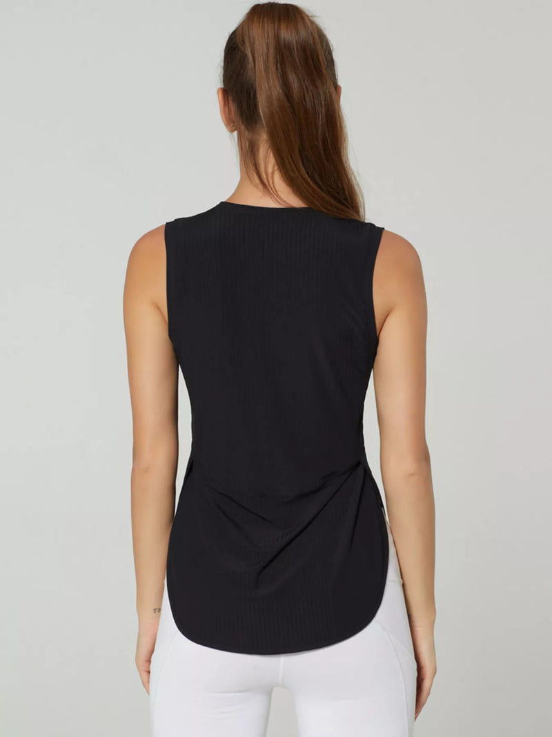 Split Back Active Tank for Women with Curved Hem and Side Slits in Black, back view