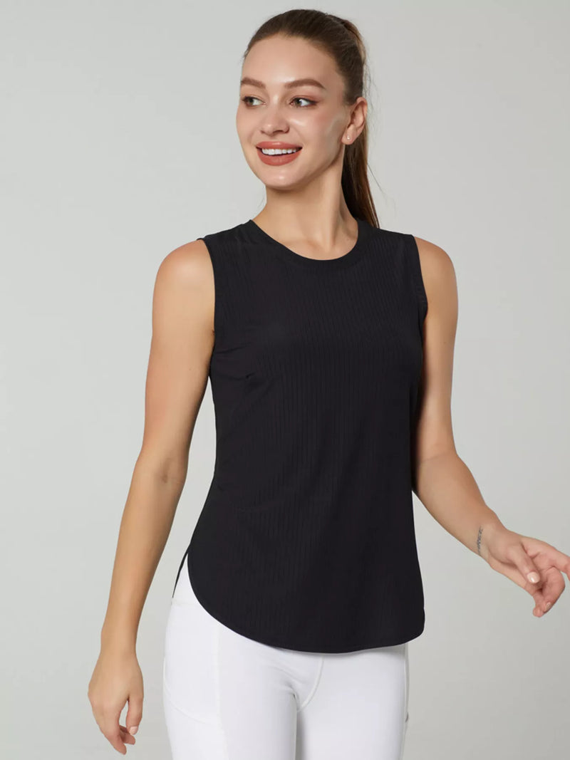 Split Back Active Tank for Women with Curved Hem and Side Slits in Black, front view