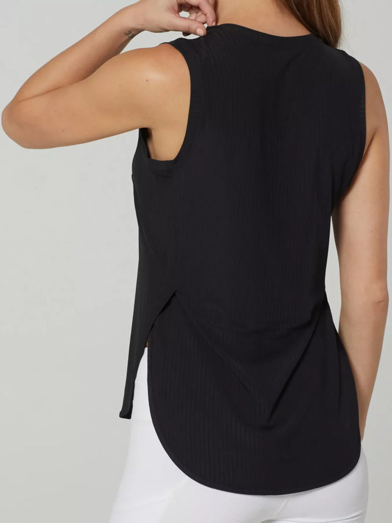 Split Back Active Tank for Women with Curved Hem and Side Slits in Black, split back close-up