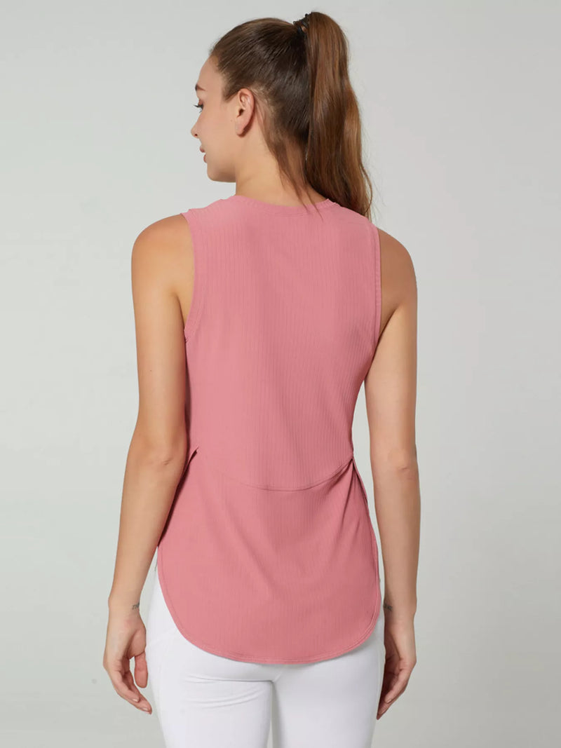 Split Back Active Tank for Women with Curved Hem and Side Slits in Pink, back view