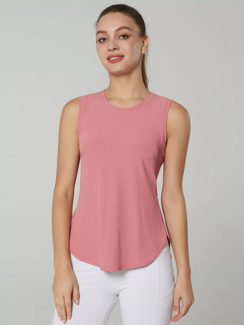 Split Back Active Tank for Women with Curved Hem and Side Slits in Pink, front view
