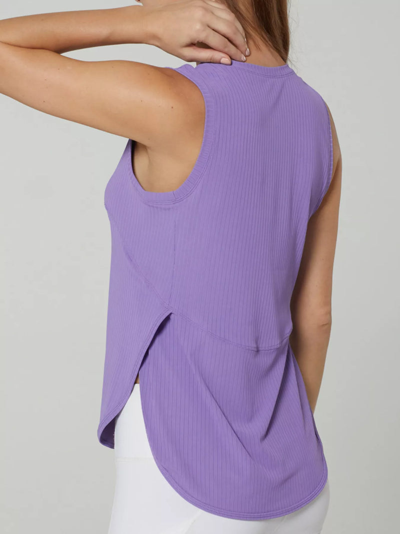 Split Back Active Tank for Women with Curved Hem and Side Slits in Purple, split back close-up