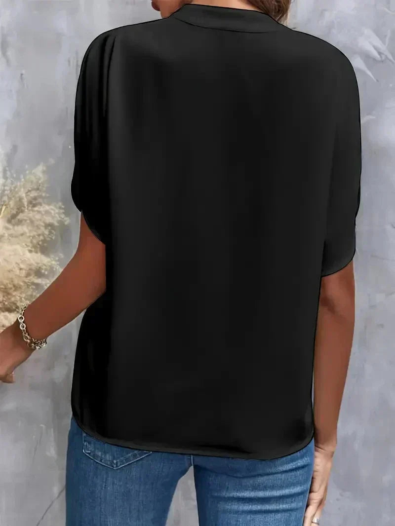V-Neck Blouse for Women with Split Sleeves and Notched Collar in Black, back view