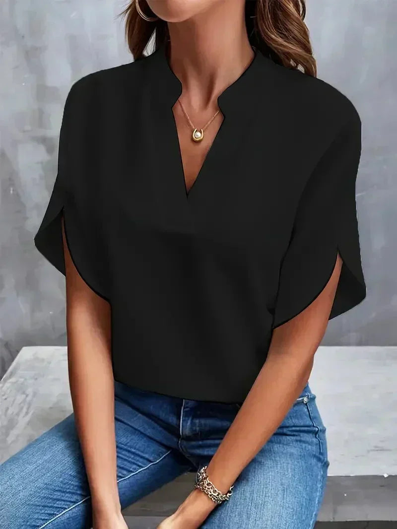 V-Neck Blouse for Women with Split Sleeves and Notched Collar in Black, front view