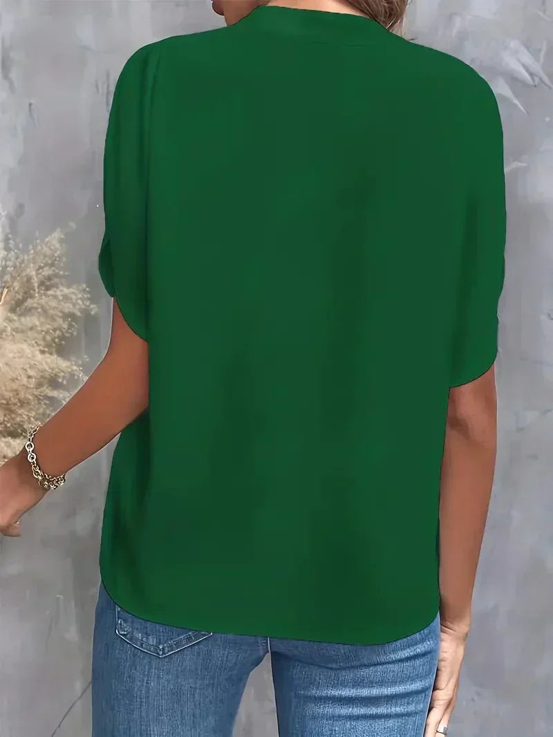 V-Neck Blouse for Women with Split Sleeves and Notched Collar in Green, back view