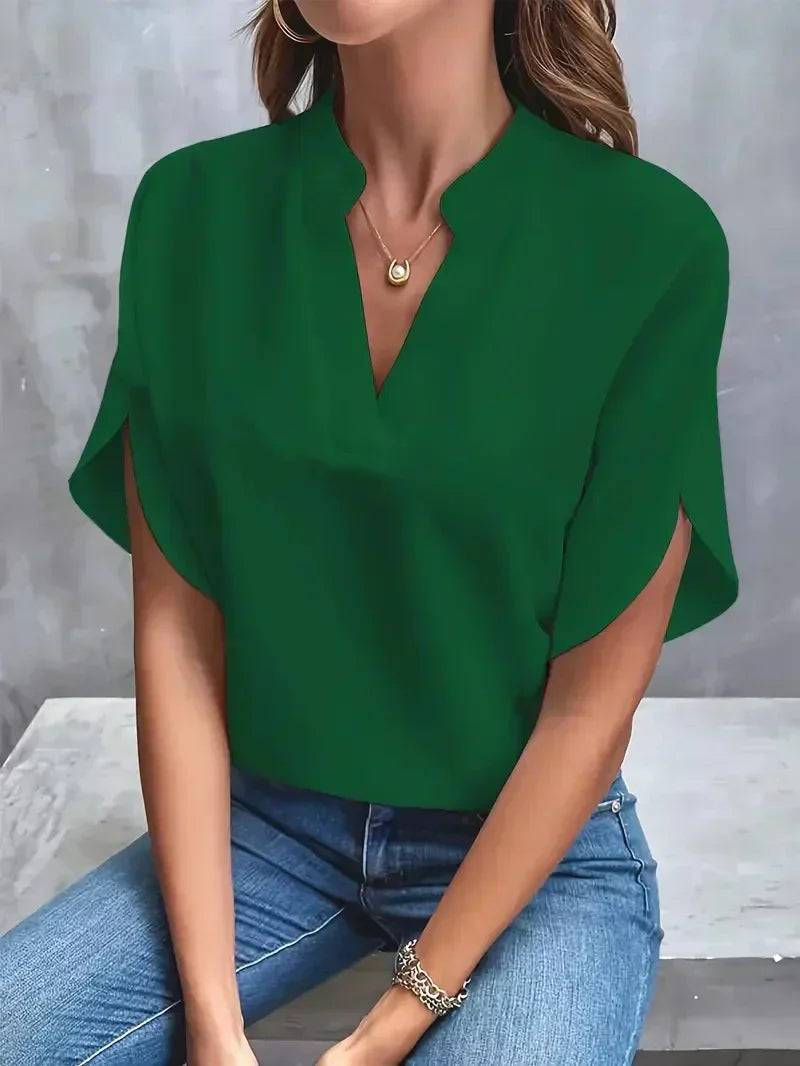 V-Neck Blouse for Women with Split Sleeves and Notched Collar in Green, front view