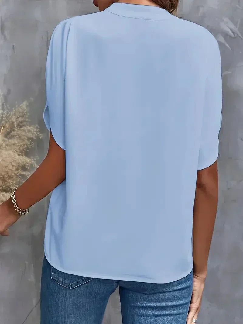 V-Neck Blouse for Women with Split Sleeves and Notched Collar in Light Blue, back view