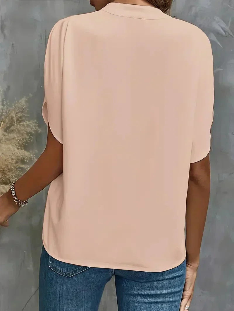 V-Neck Blouse for Women with Split Sleeves and Notched Collar in Pink, back view