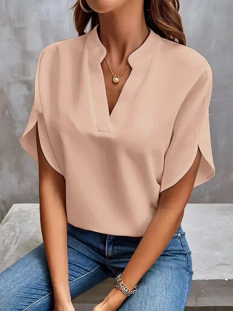 V-Neck Blouse for Women with Split Sleeves and Notched Collar in Pink, front view