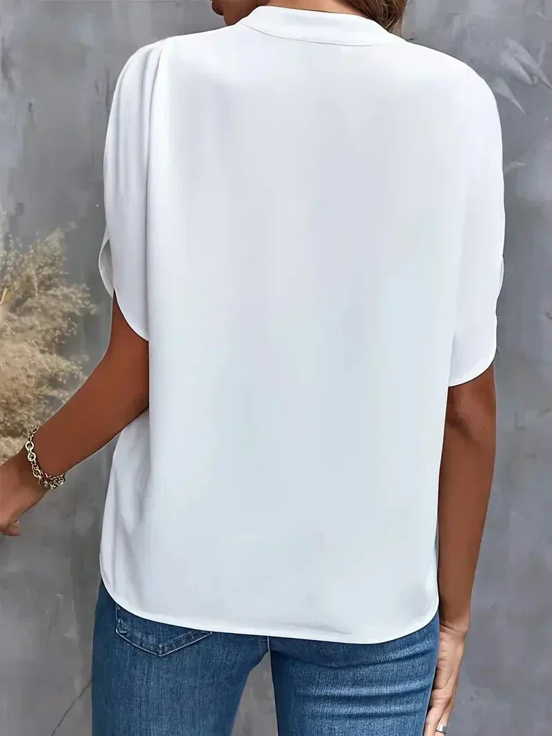 V-Neck Blouse for Women with Split Sleeves and Notched Collar in White, back view