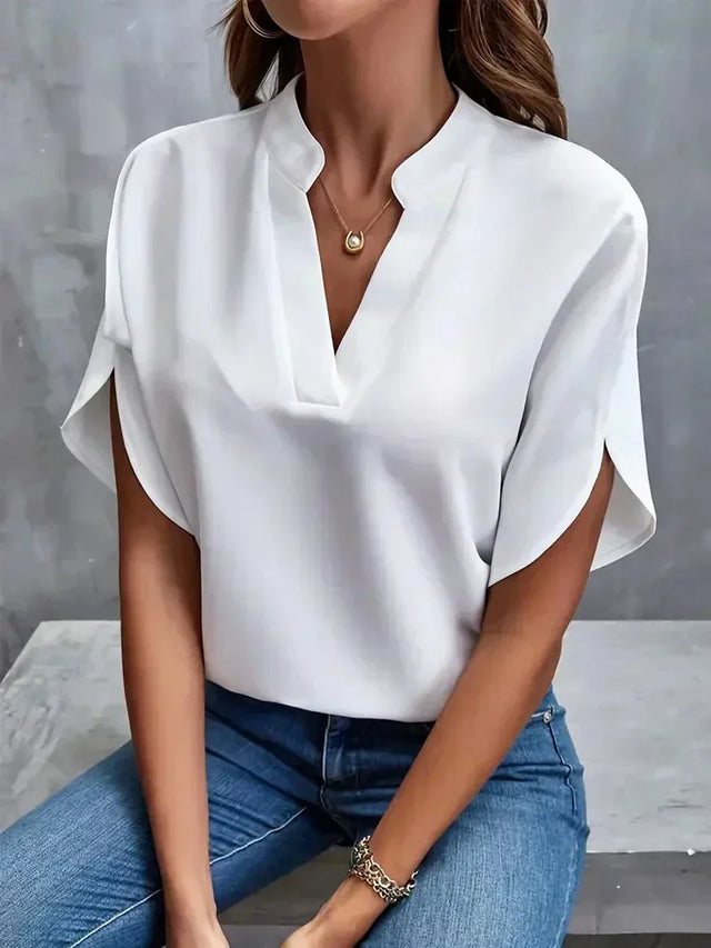 V-Neck Blouse for Women with Split Sleeves and Notched Collar in White, front view