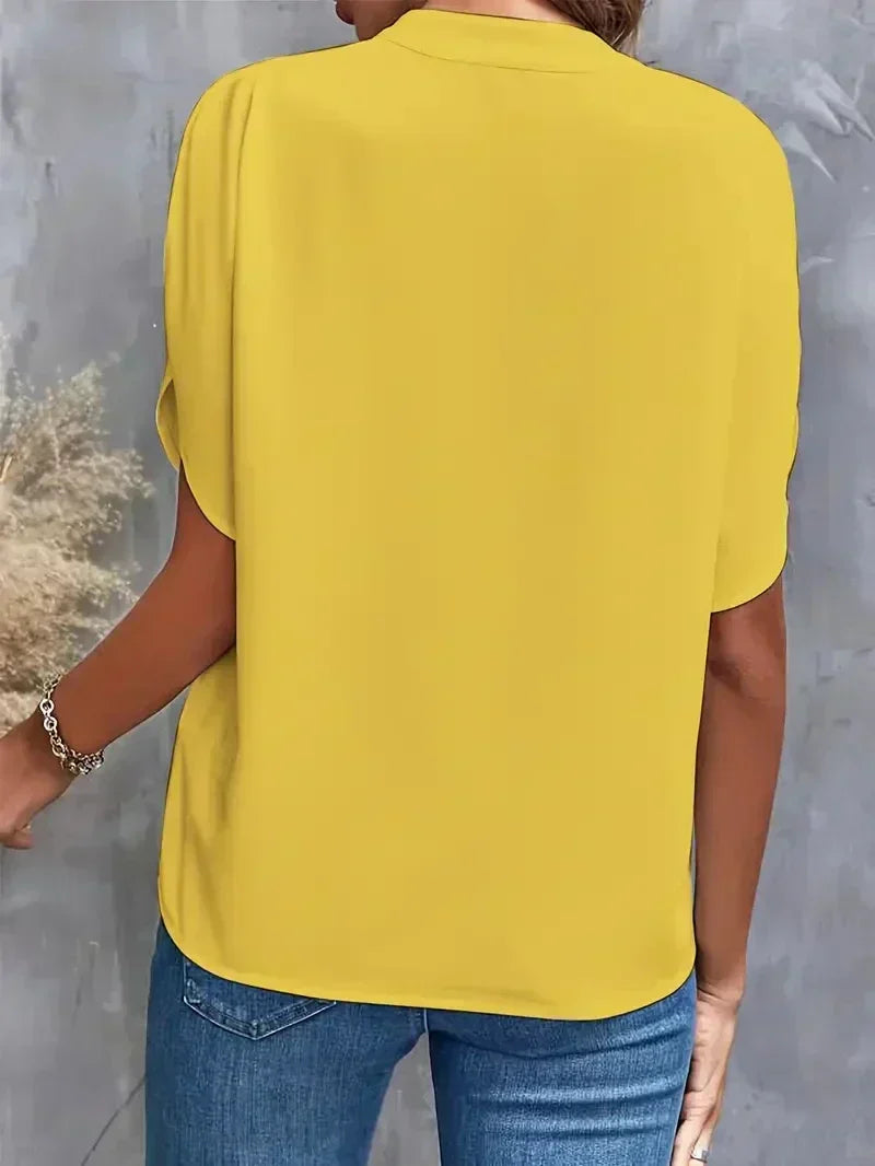 V-Neck Blouse for Women with Split Sleeves and Notched Collar in Yellow, back view