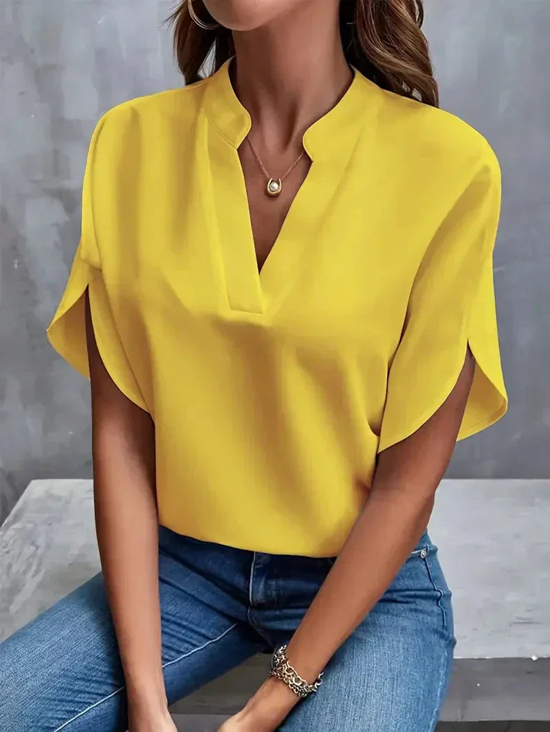V-Neck Blouse for Women with Split Sleeves and Notched Collar in Yellow, front view
