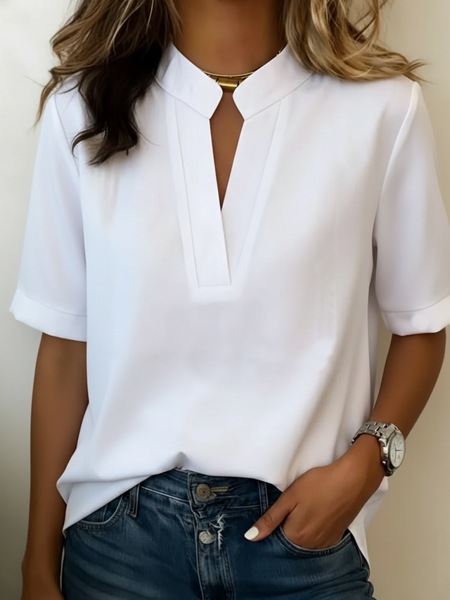 V-Neck Blouse for Women with Split Neckline and Gold-Tone Bar in White, front view