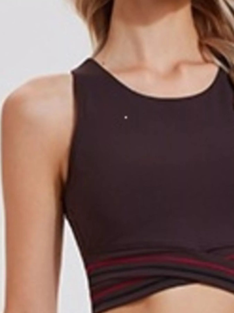 Sport Crop Top for Women with Criss-Cross Striped Hem and Keyhole Back in Chocolate, close-up