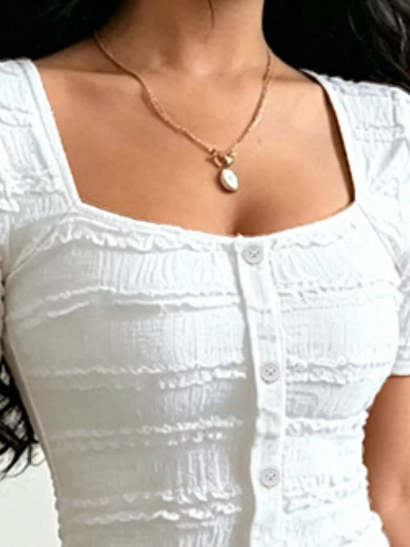 Square Neckline Top for Women with Button Front and Textured Frill Rows in White, close-up