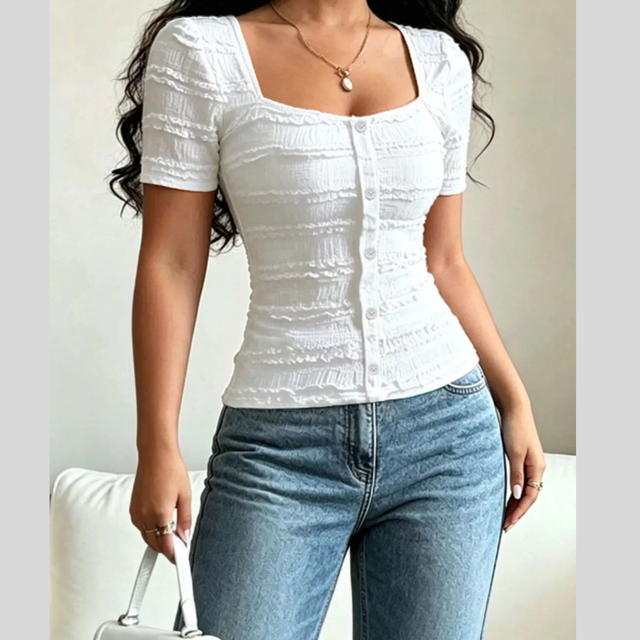 Square Neckline Top for Women with Button Front and Textured Frill Rows in White, front view