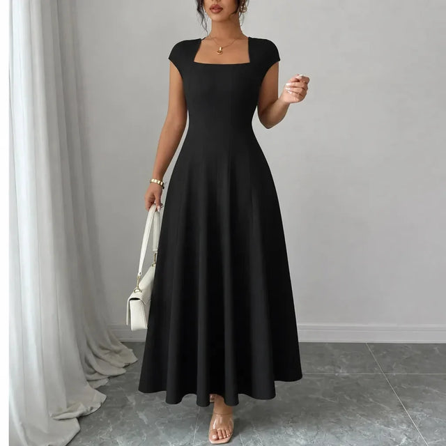 Square Neck Midi Dress for Women with Cap Sleeves and A-Line Skirt in Black, front view