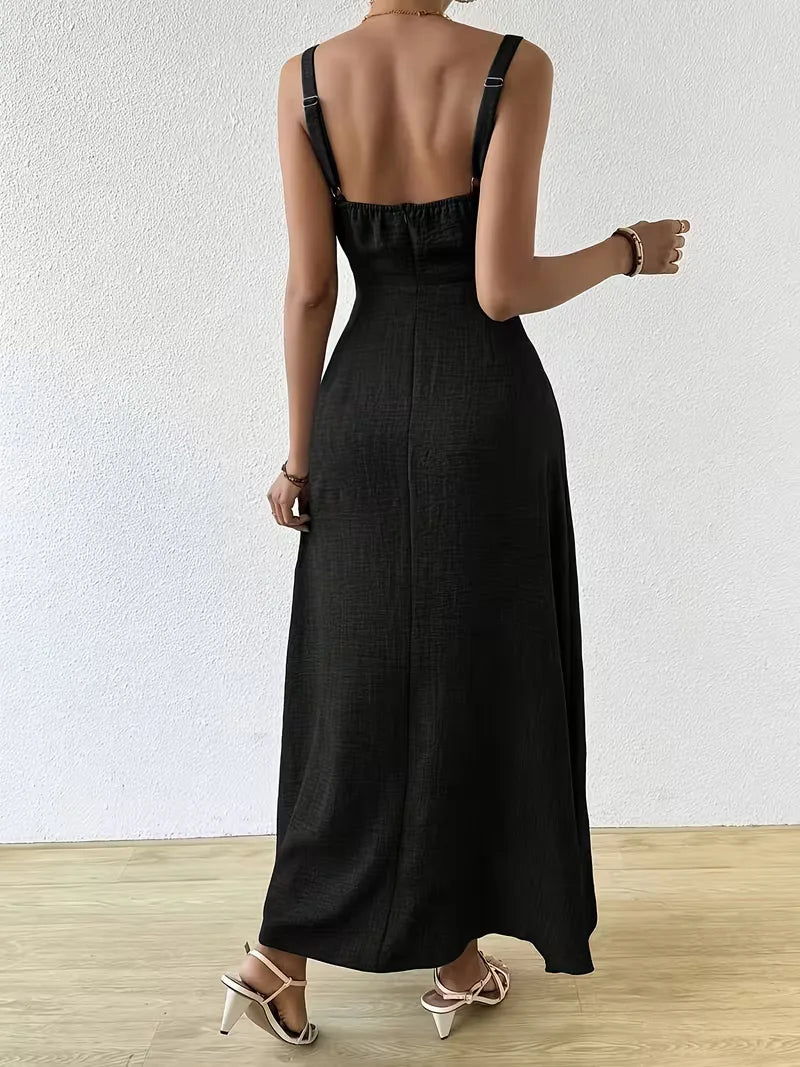 Square Neck Maxi Sundress for Women with Tie Front and Fitted Waist in Black, back view