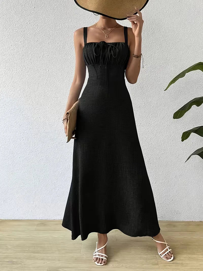 Square Neck Maxi Sundress for Women with Tie Front and Fitted Waist in Black, front view