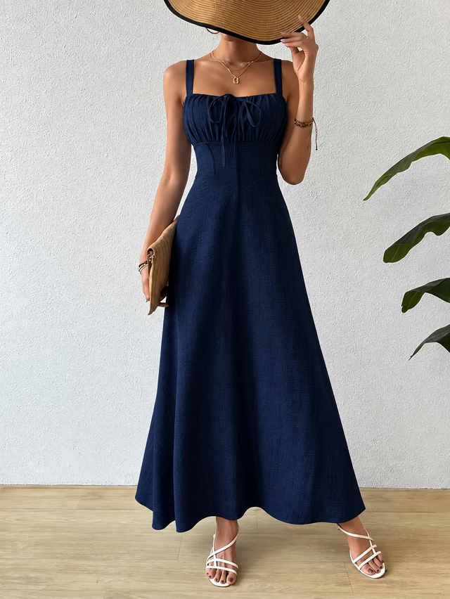 Square Neck Maxi Sundress for Women with Tie Front and Fitted Waist in Navy, front view
