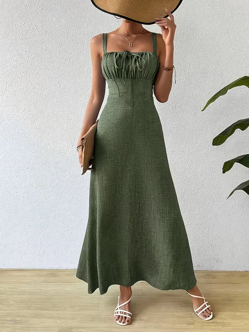 Square Neck Maxi Sundress for Women with Tie Front and Fitted Waist in Olive Green, front view
