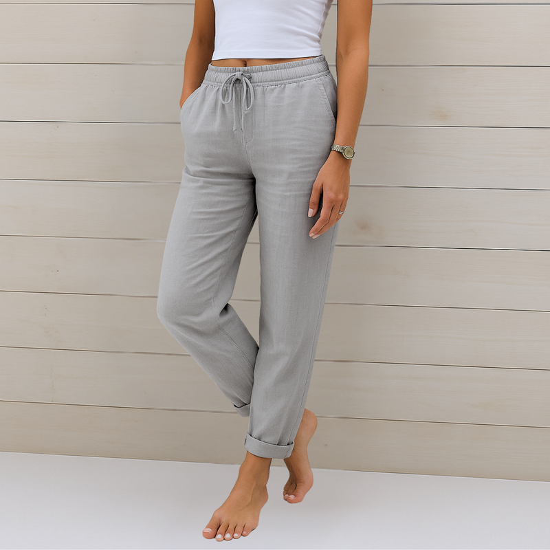 Straight Leg Linen-Look Pants for Women with Drawstring and Rolled Cuffs in Light Grey, front view