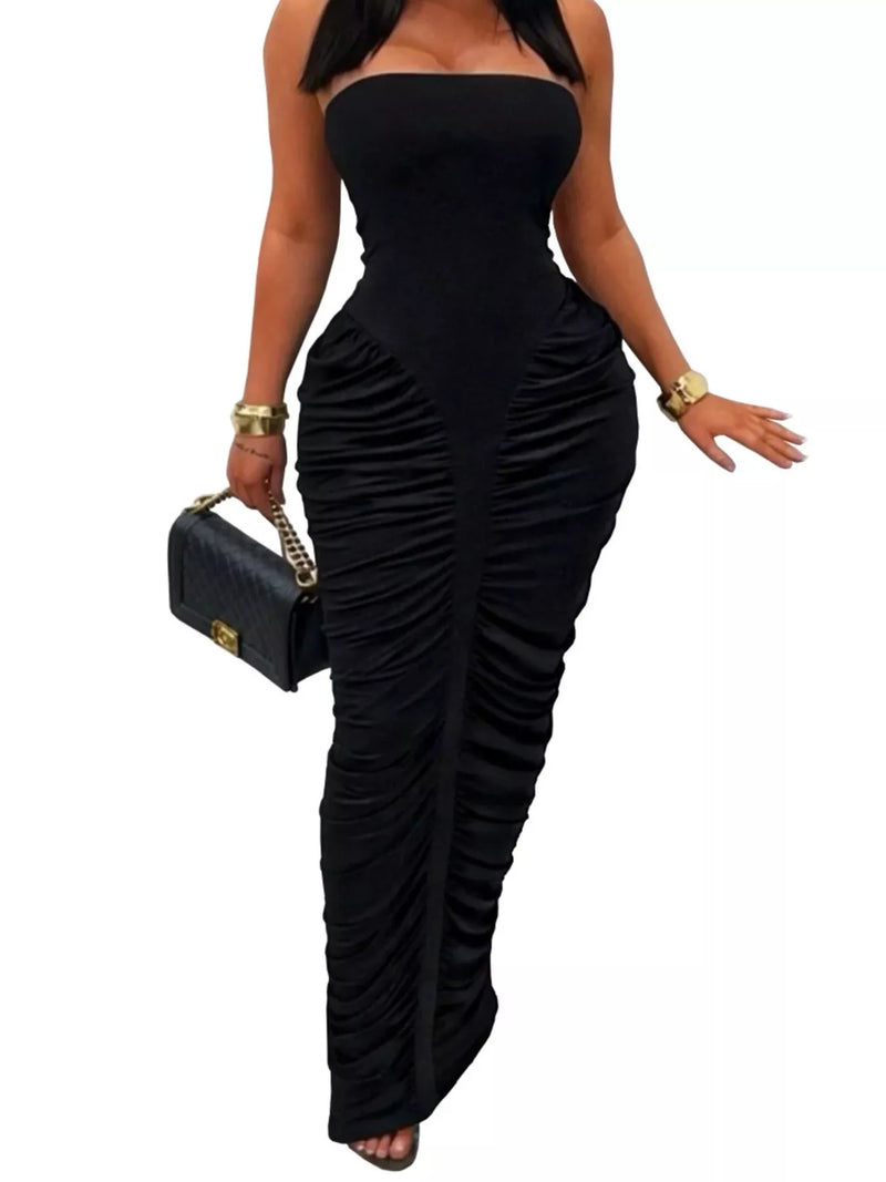 Strapless Bodycon Maxi Dress for Women with Ruched Side Panels in Black, front view 2