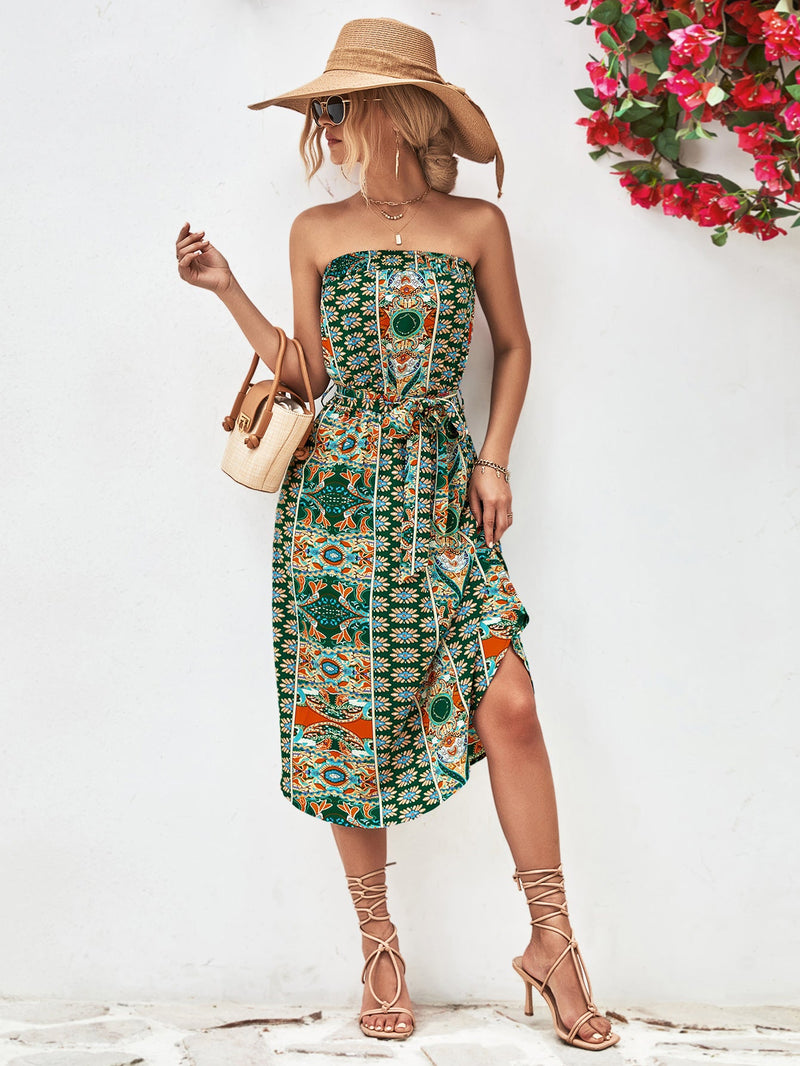 Strapless Boho Midi Dress for Women with Tie Belt and Curved Hem in Green, front view 3